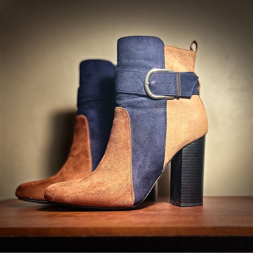 limited edition joplin blue whiskey suede color block chunky bootie